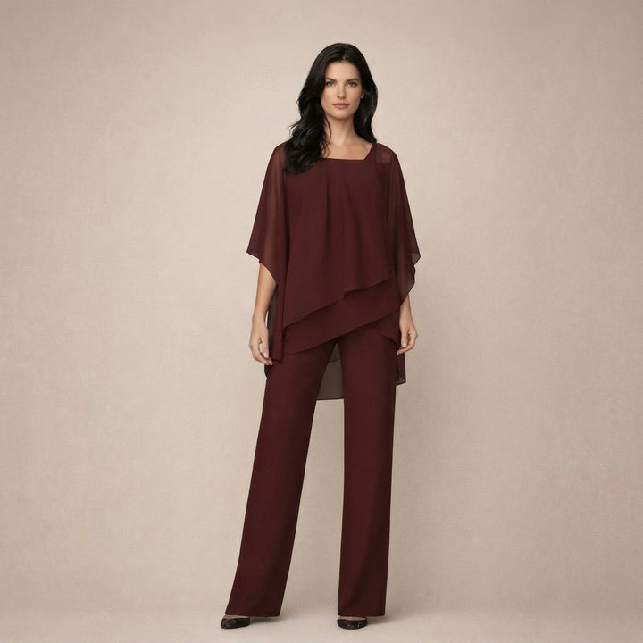 Trendy women's off-shoulder top and wide-leg pants matching set. Complete chic two-piece summer fashion look.
