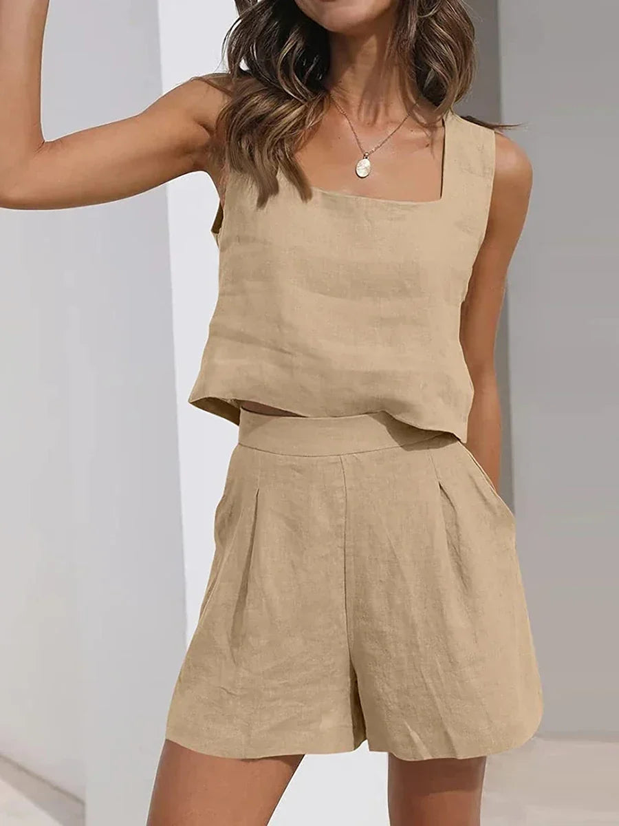 Chic women's sleeveless crop top & matching shorts set. Perfect two-piece summer outfit for casual wear or vacation.