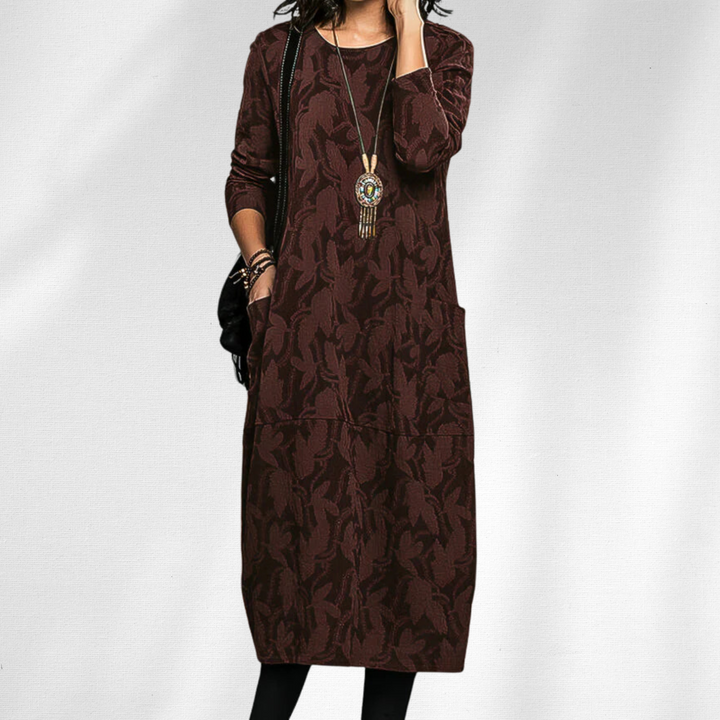 Warm & comfortable women's winter crewneck long sleeve dress, ideal for cool weather, casual or elegant occasions.