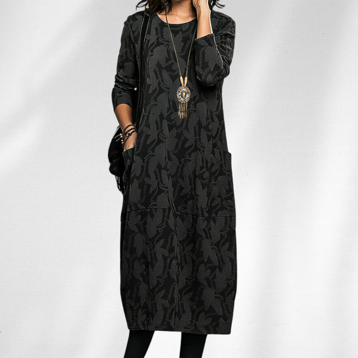 Stylish women's long sleeve crewneck midi dress for winter fashion. Elegant, warm, and versatile for everyday wear.