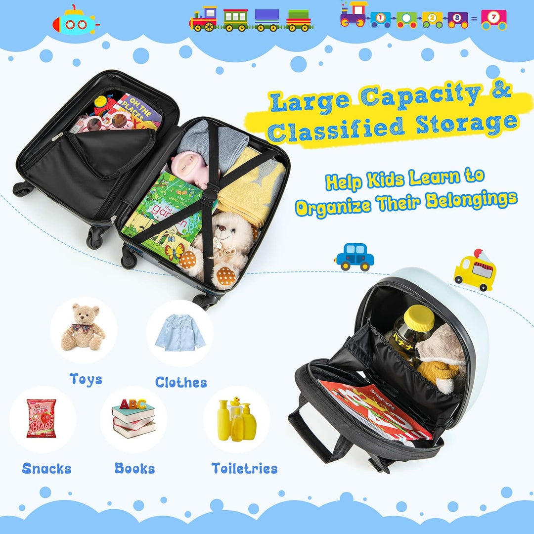 Robust hardshell children's luggage set featuring helicopter design, spinner wheels & a school backpack.