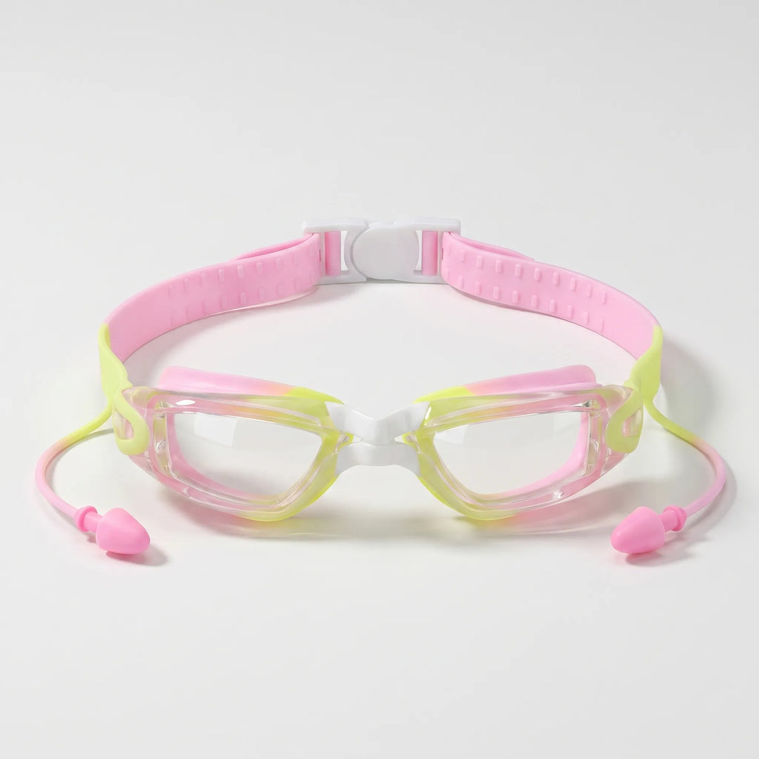 Kids' anti-fog swimming goggles with built-in earplugs, perfect for comfortable junior water sports & pool time.
