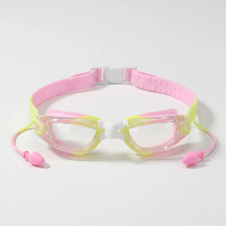 Kids' anti-fog swimming goggles with built-in earplugs, perfect for comfortable junior water sports & pool time.