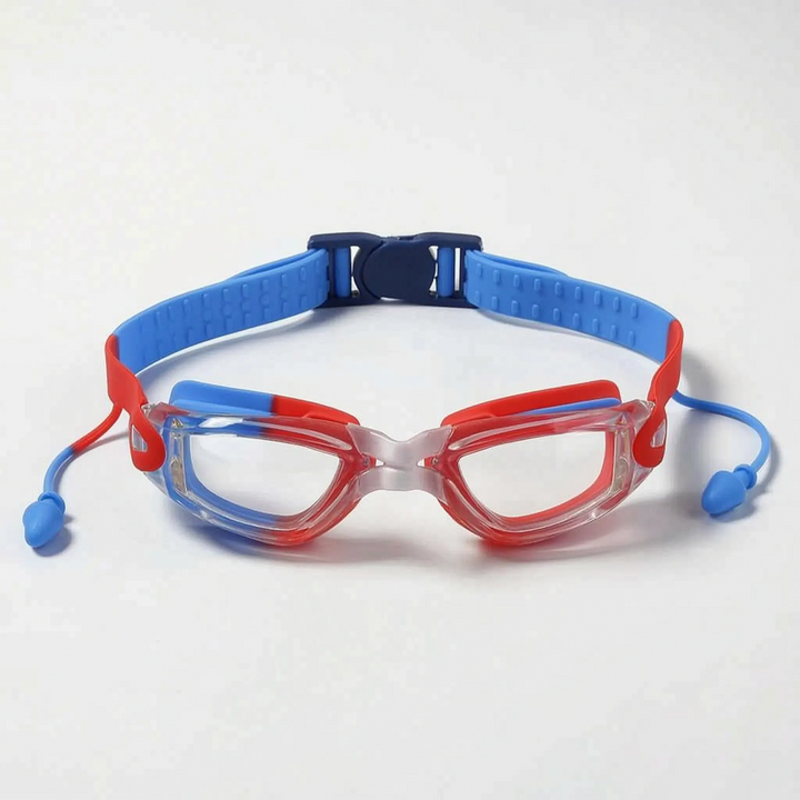 Secure & comfortable children's anti-fog swim goggles, including earplugs for effective ear protection during swimming.