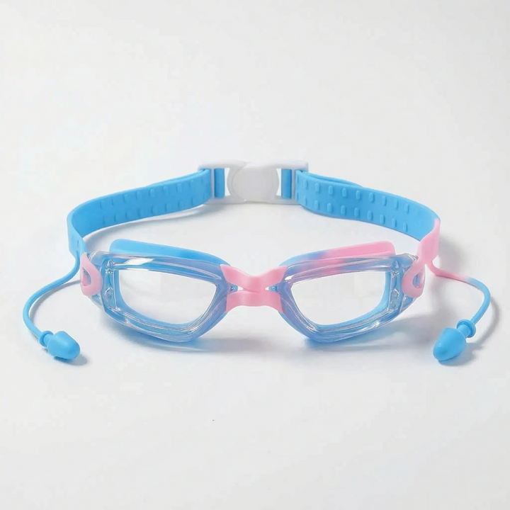 Kids' swim goggles set, anti-fog lenses, and attached earplugs, essential pool accessories for active junior swimmers.