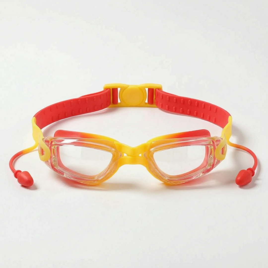 Premium anti-fog kids' swimming goggles with protective earplugs, essential pool accessories for junior water sports.