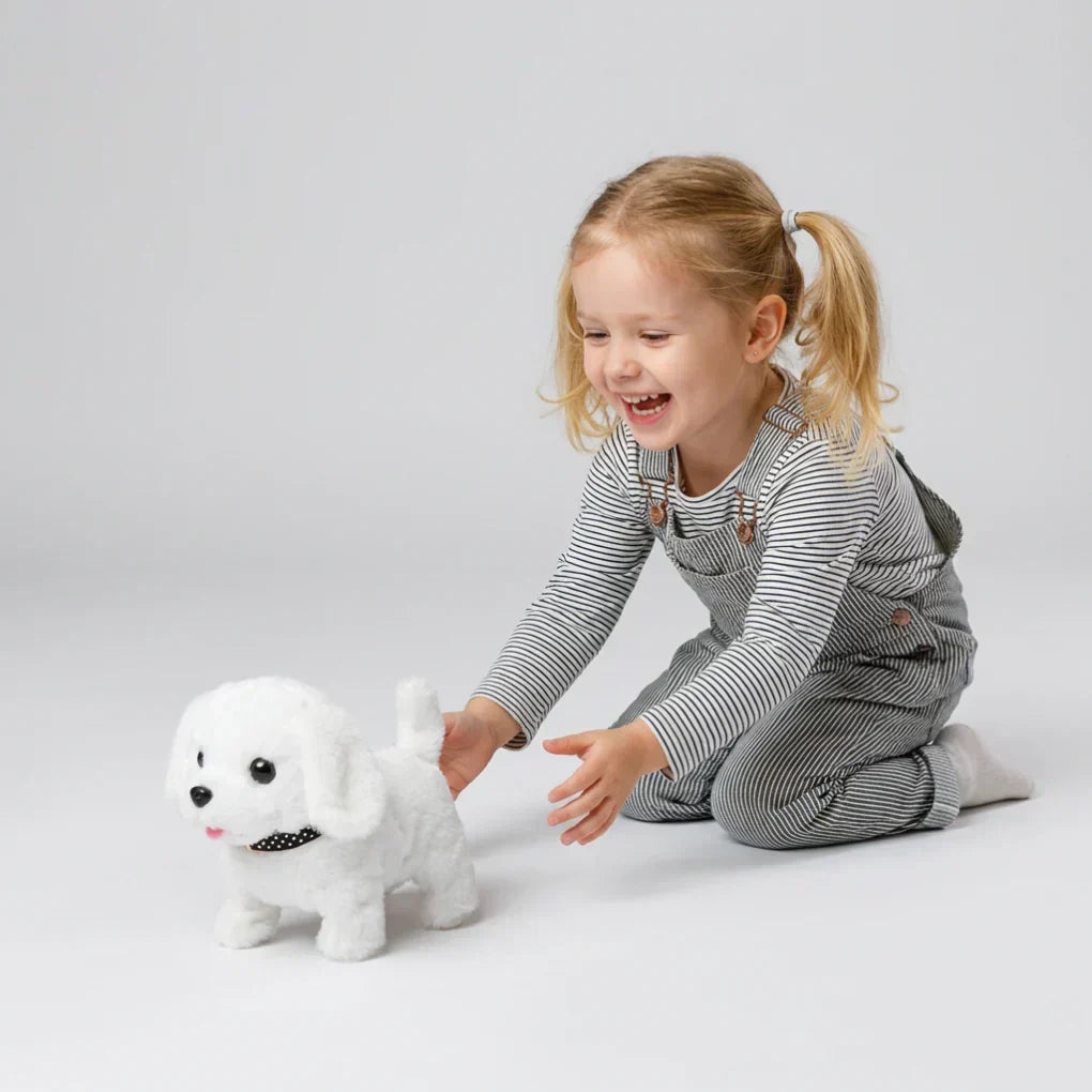Kids playing with a battery-operated walking puppy toy, a fun interactive pet for pretend play.
