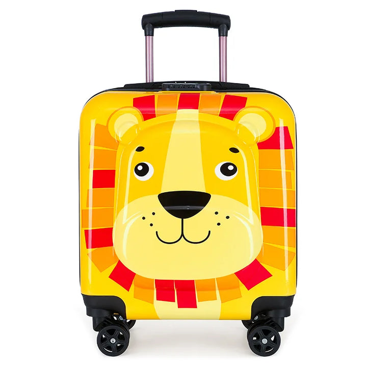 Stylish hard-shell rolling suitcase for children. Fun animal design kids luggage, ideal for family trips.