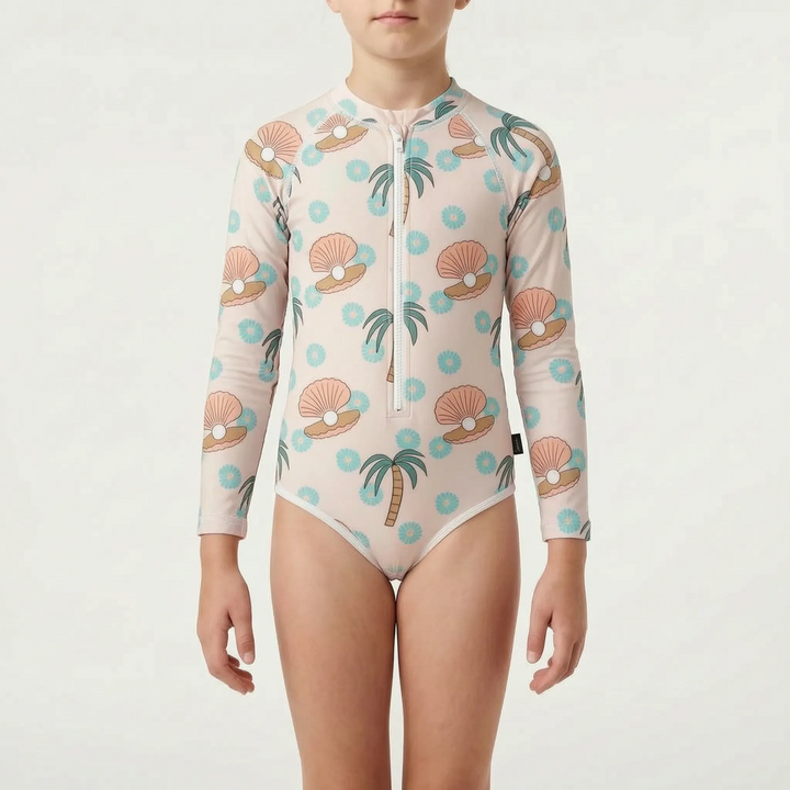 Kids' long-sleeve quick-dry swimwear, featuring an easy zip for hassle-free sun protection.