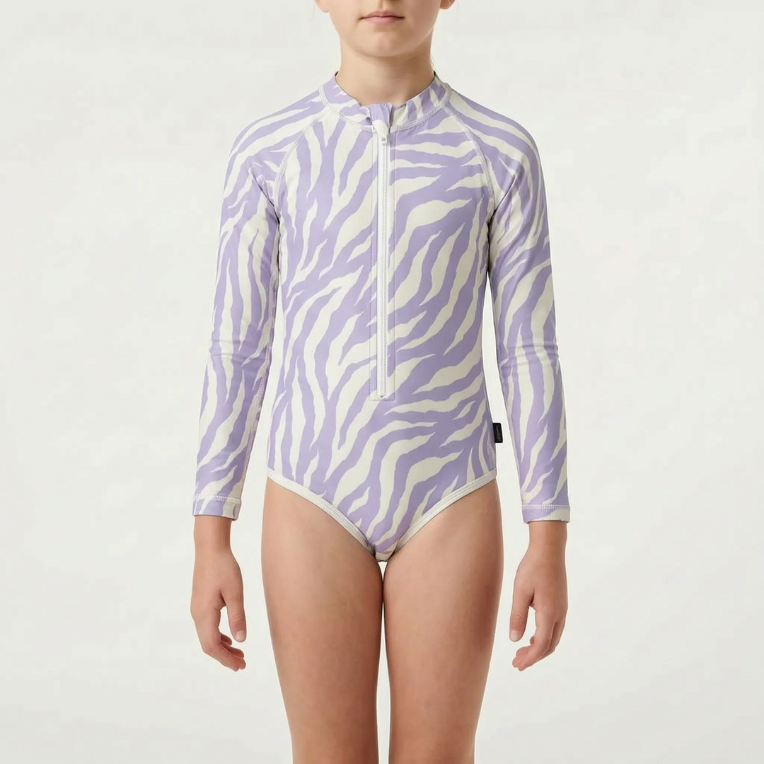 Durable long-sleeve swimsuit for children, UV protective and comfortable for all-day beach wear.