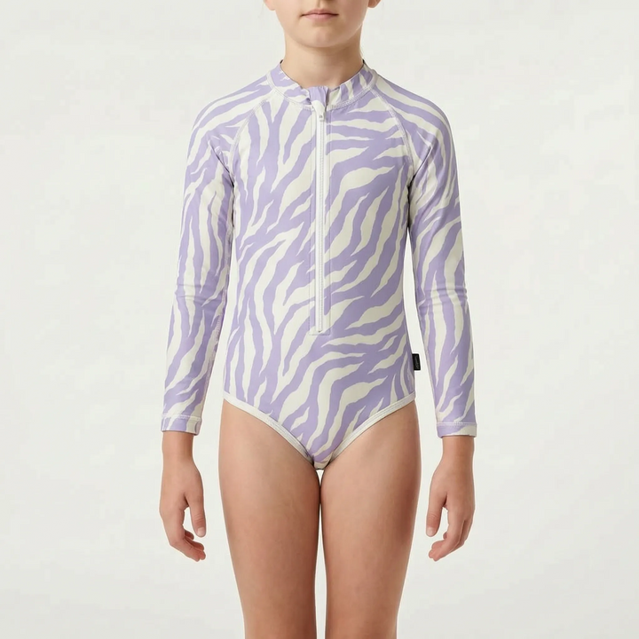 Durable long-sleeve swimsuit for children, UV protective and comfortable for all-day beach wear.