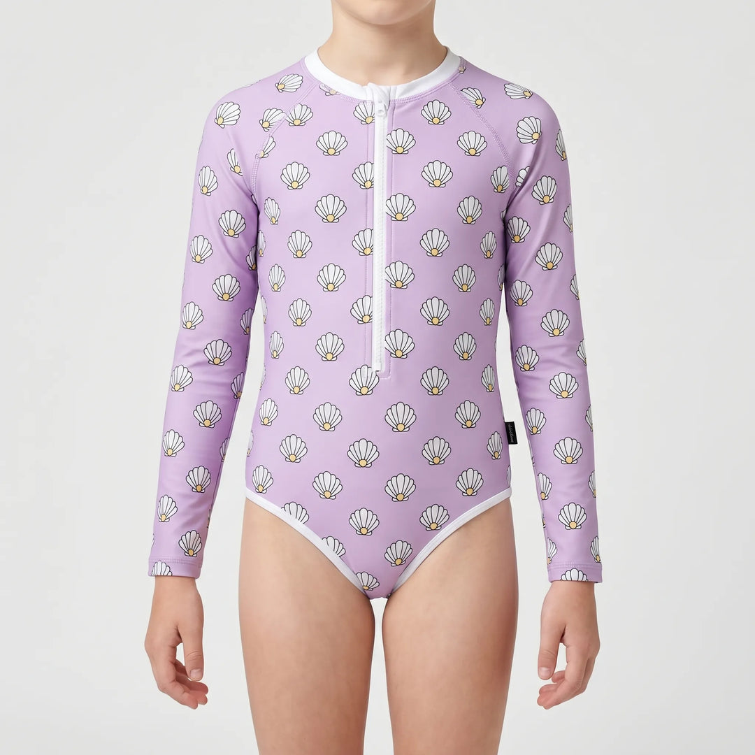 Kids' quick-dry long-sleeve swimwear with easy-zip design for summer fun & UV protection.