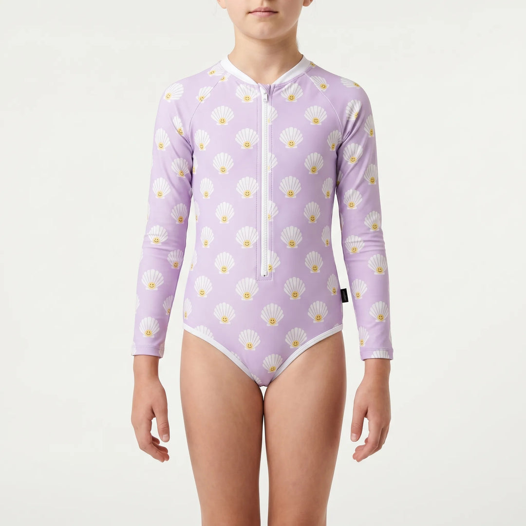 Sun-protective children's long-sleeve bathing suit with easy front zip for quick changes.