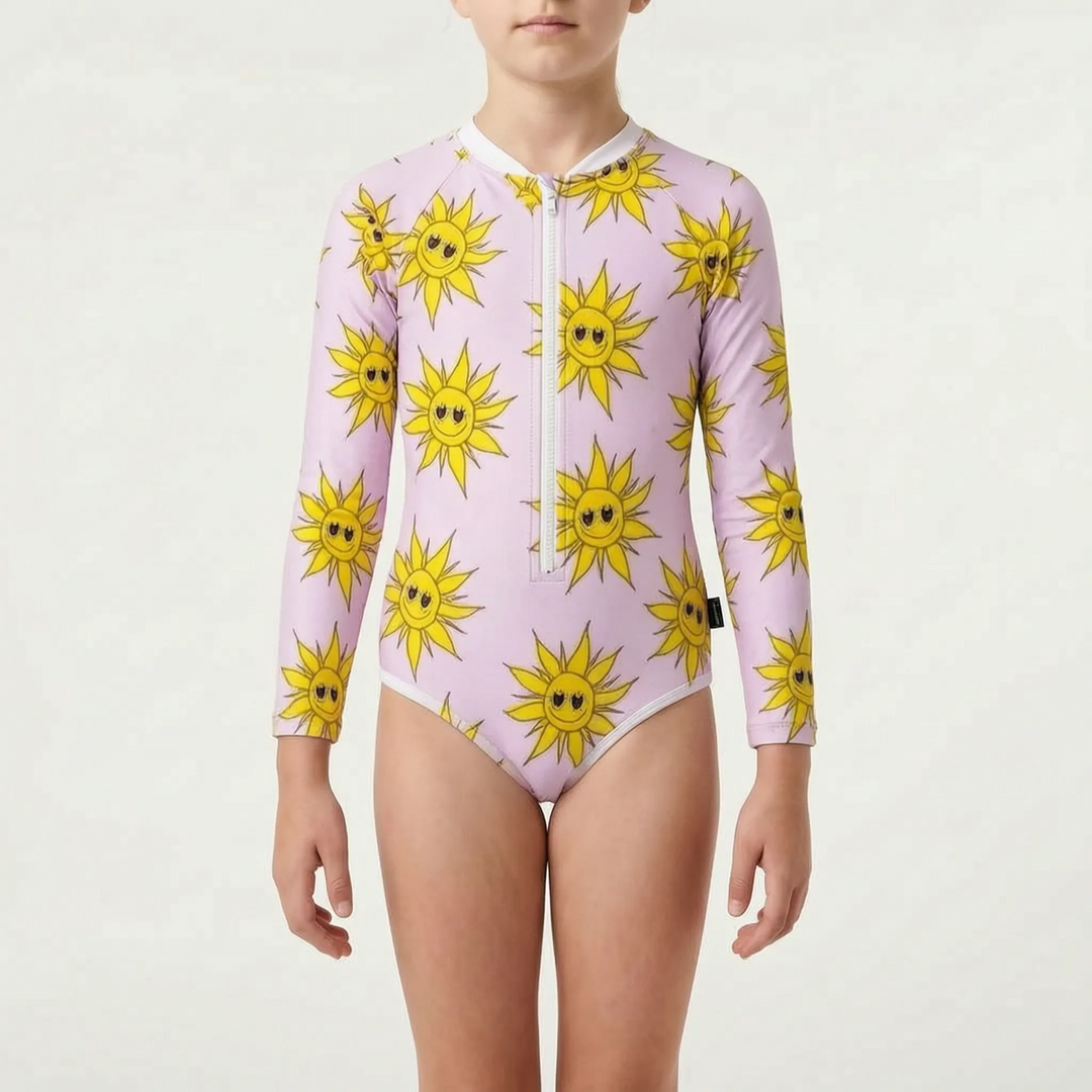Long-sleeve kids' beachwear, one-piece design for full sun protection and comfortable swimming.