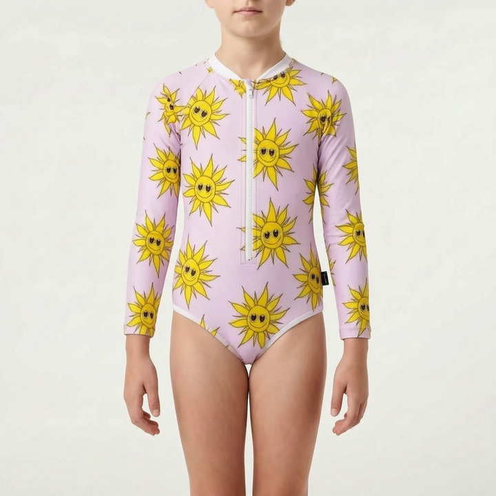 Long-sleeve kids' beachwear, one-piece design for full sun protection and comfortable swimming.