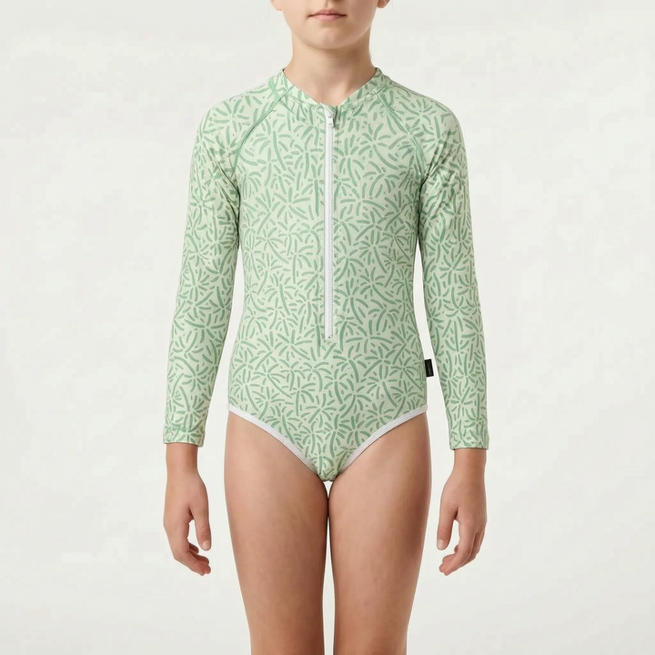 Easy-wear long-sleeve swimsuit for kids, quick-dry fabric, ideal for sun-safe water play.