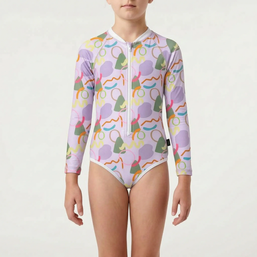 Children's UV protection swimwear, long-sleeve one-piece with convenient zipper for toddlers.