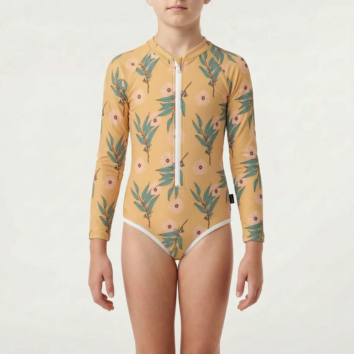 Summer fun long-sleeve swimsuit for kids, providing excellent sun protection and comfort.