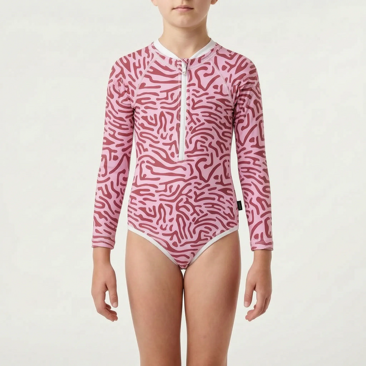 One-piece long-sleeve toddler swimsuit for comprehensive sun protection during outdoor play.