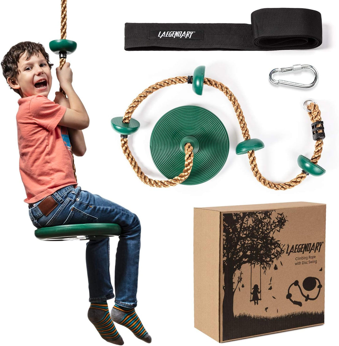Children's outdoor tree swing set with climbing rope, platforms, and disc swing for active backyard play.
