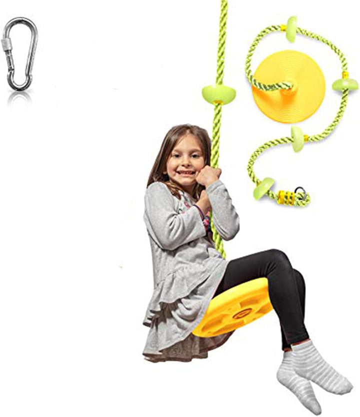 Backyard children's tree swing set with a robust climbing rope, platforms, and a disc swing for adventure.