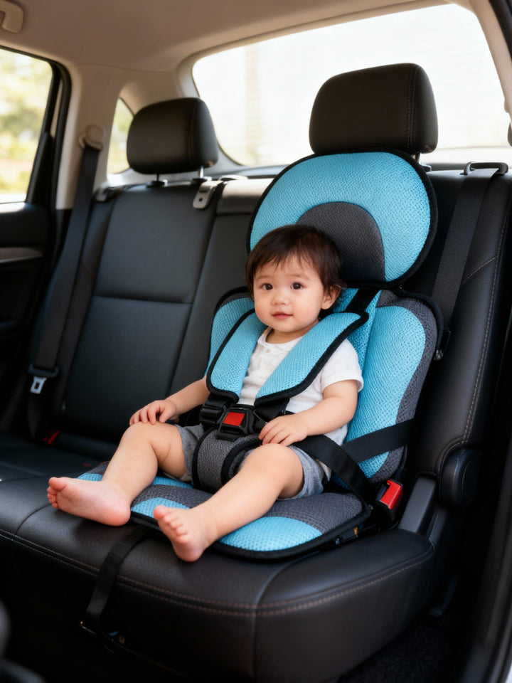 Side view of foldable portable booster seat, showing child harness straps and safety buckles.