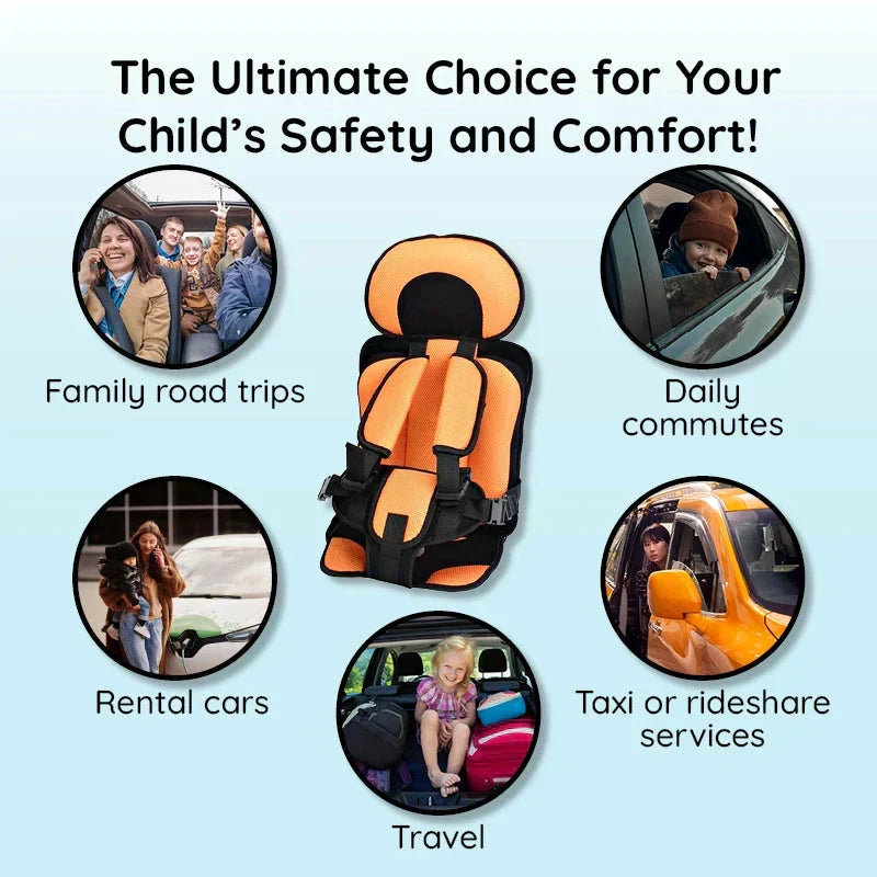 Foldable & compact portable booster seat for kids travel; essential child harness for road trips.
