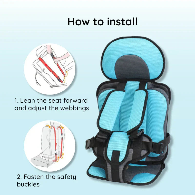 Junior booster seat for children; a compact travel car seat with adjustable safety harness.