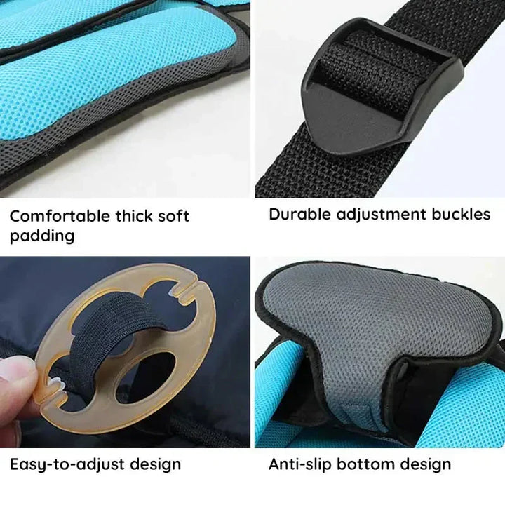 Child secured in a comfortable portable travel car seat booster with safety harness.