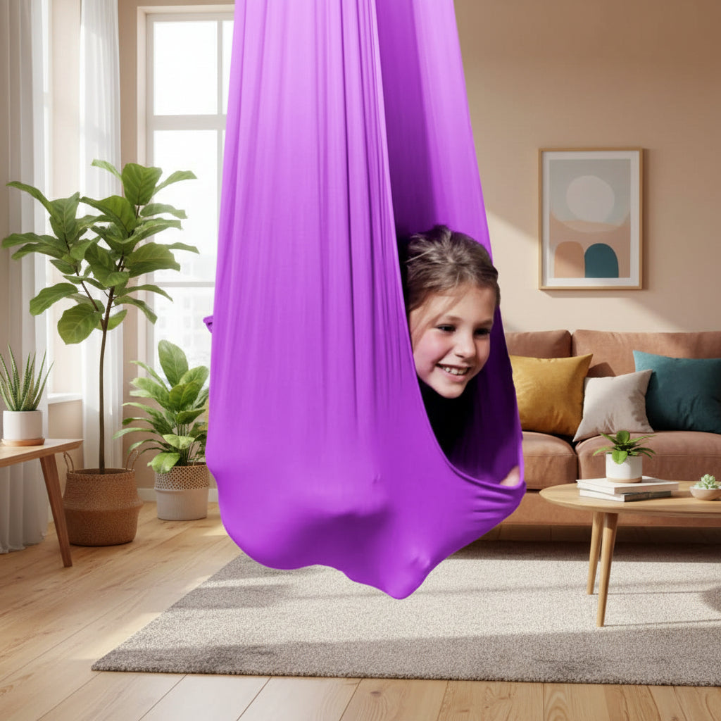 Indoor sensory swing for children, aiding therapy, focus, and relaxation. Great for play.