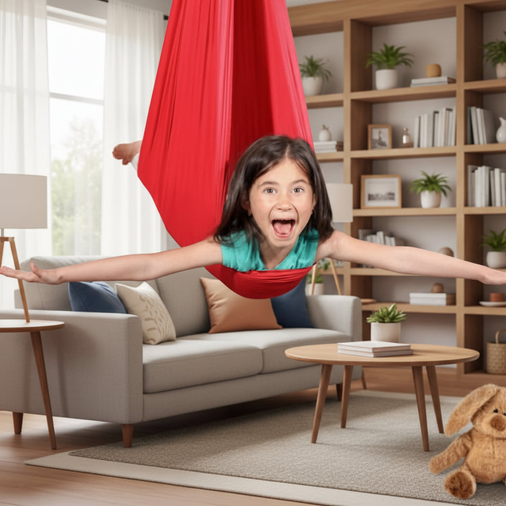Kids' calming sensory swing, ideal for therapeutic play & improving focus. Durable design.