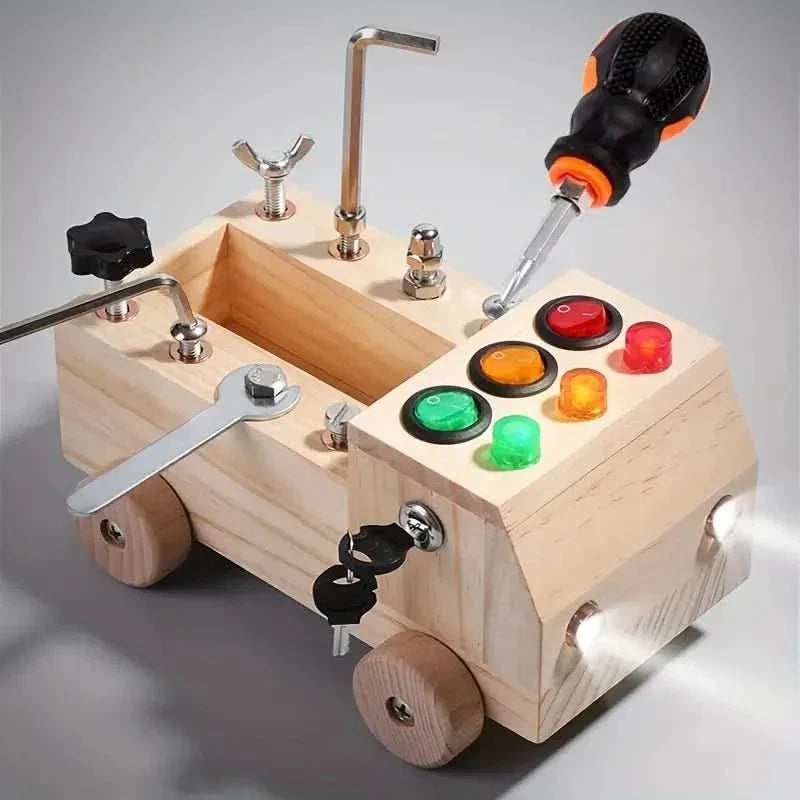 Children's wooden activity board with latches, gears, and buttons to develop fine motor skills and problem-solving.