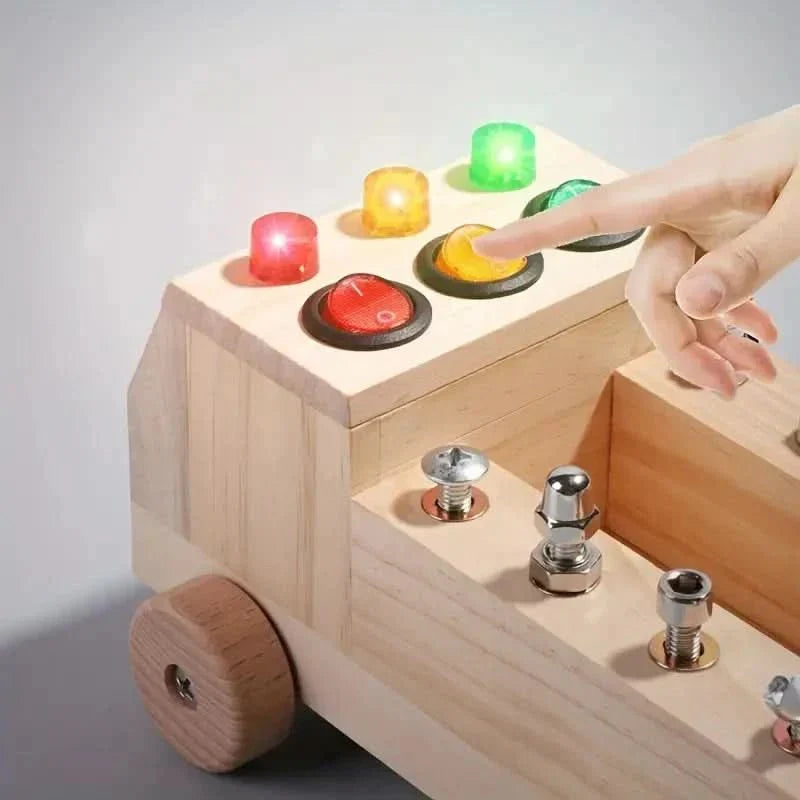 Engaging wooden busy board for toddlers, promoting sensory play, fine motor skills, and early learning activities for kids.