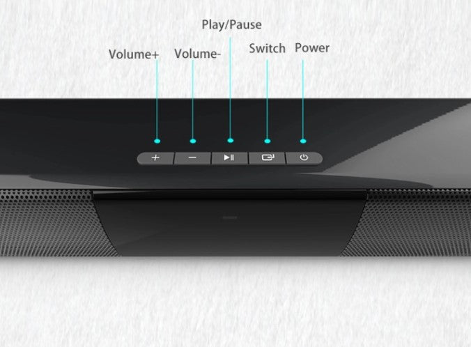 Portable CineWave Bluetooth soundbar with FM radio, USB & AUX. Wireless stereo speaker for home media.