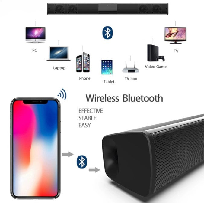 CineWave wireless Bluetooth soundbar speaker system. USB, FM, AUX inputs for versatile home audio experience.