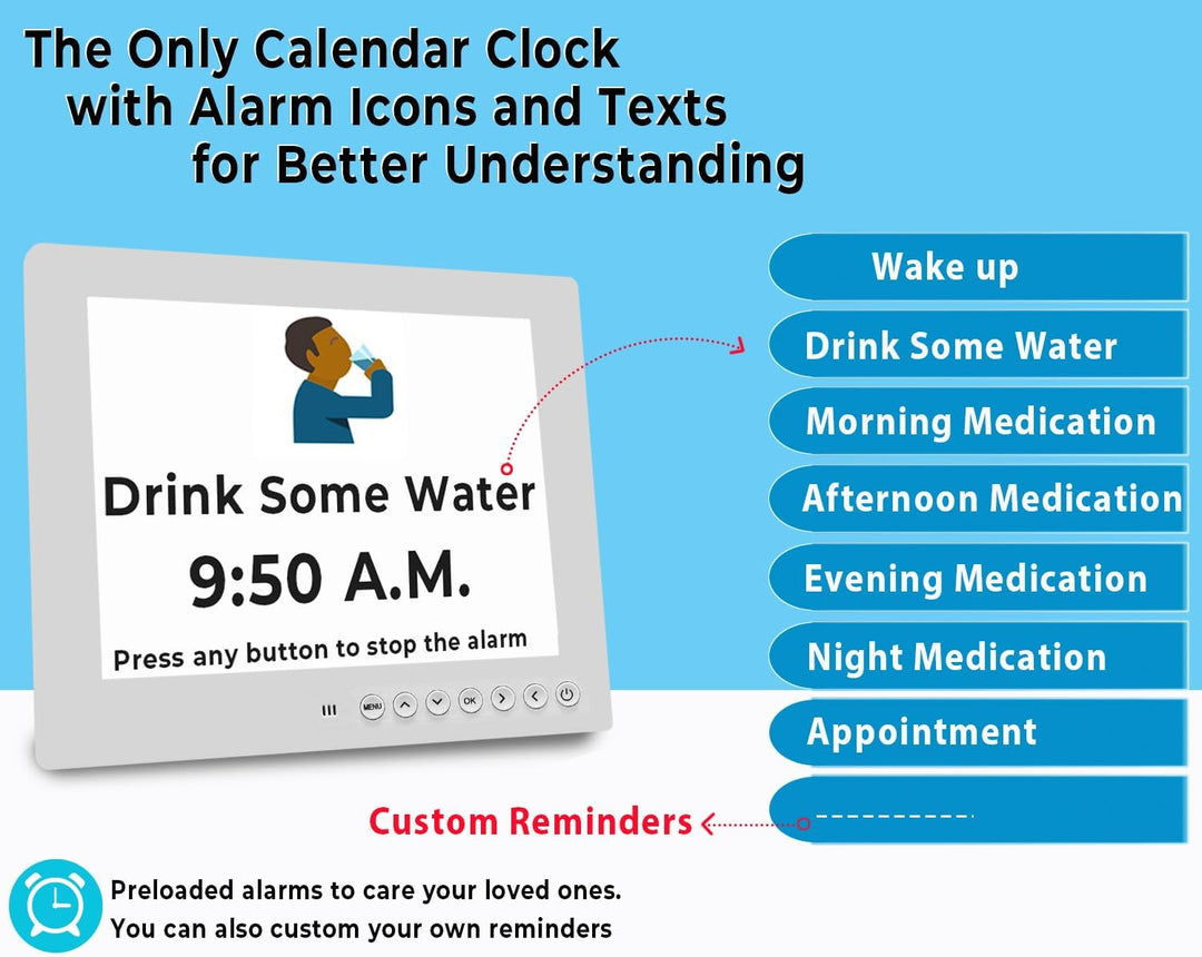 Claryon 11.5" Digital Day Calendar Clock with 19 reminders, an essential memory aid for senior care & dementia.