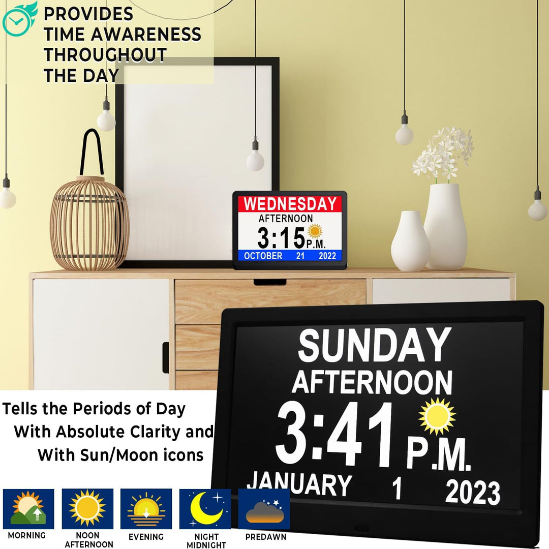 Easy-read 11.5" digital day clock for seniors, featuring clear calendar, time, and 19 daily reminders.