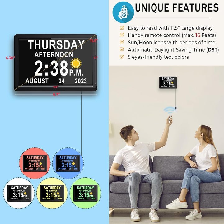Claryon memory aid digital clock for dementia support, 11.5-inch display & 19 customizable reminders.