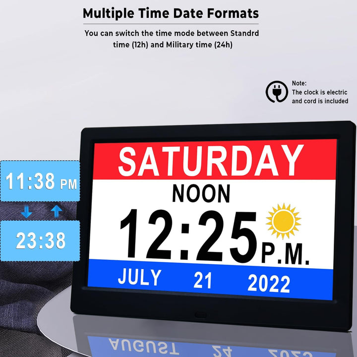 Black 11.5" digital calendar clock with large display, perfect for vision impaired seniors & daily organization.