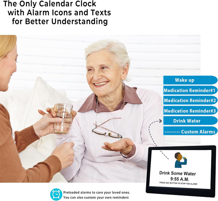 Claryon 11.5-inch digital day clock, offering 19 customizable reminders for senior care and daily structure.