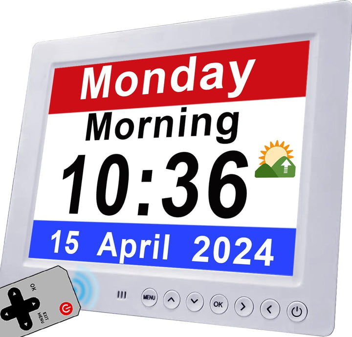 Digital calendar day clock, 11.5-inch, with 19 reminders, designed to support seniors and those with memory loss.