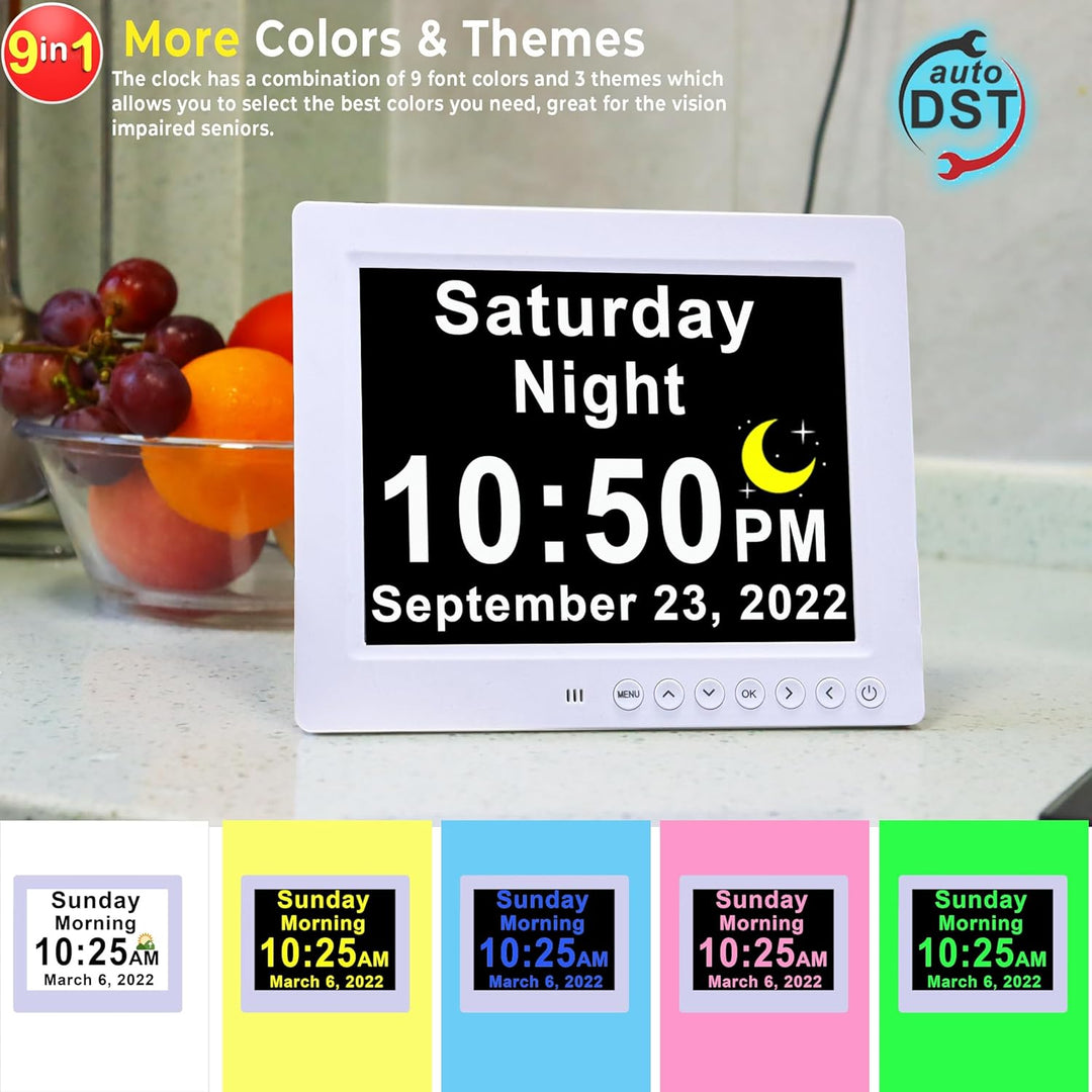 Simple 11.5" digital day clock for home organization, featuring easy-read display & 19 helpful daily alerts.