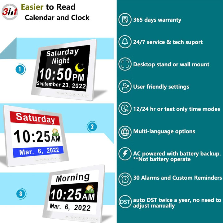 Claryon 11.5" digital clock with large font for vision impaired, displaying calendar, time & 19 reminders.