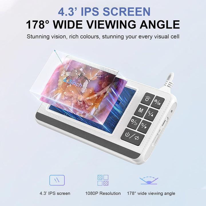 Personal care ear otoscope with HD camera, 4.3" screen for accurate ear inspection & hygiene.