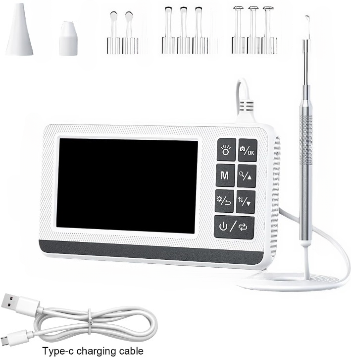 Unisex ear camera otoscope, wireless & rechargeable, with HD screen for personal ear care & wax removal.