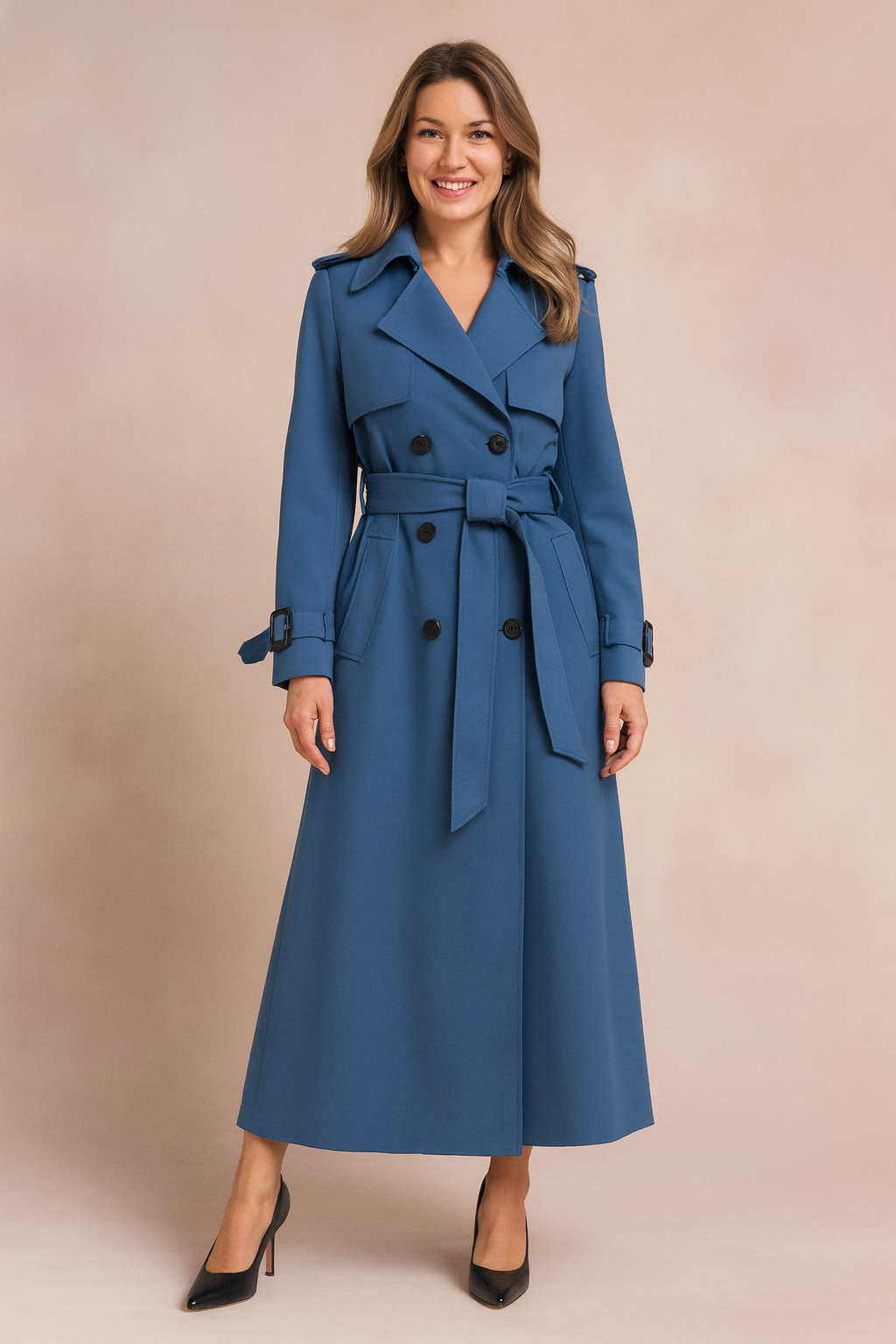 Elegant women's classic belted trench coat, ideal spring jacket or fall coat for a sophisticated look.