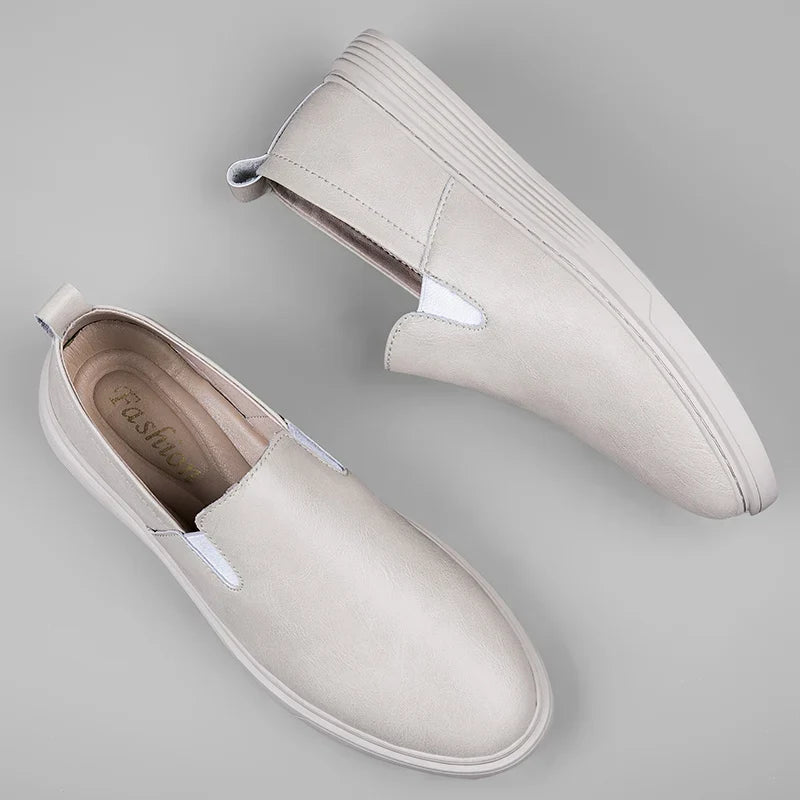 Versatile men's slip-on dress loafers available in black, brown, beige. Classic, comfortable, and stylish footwear.