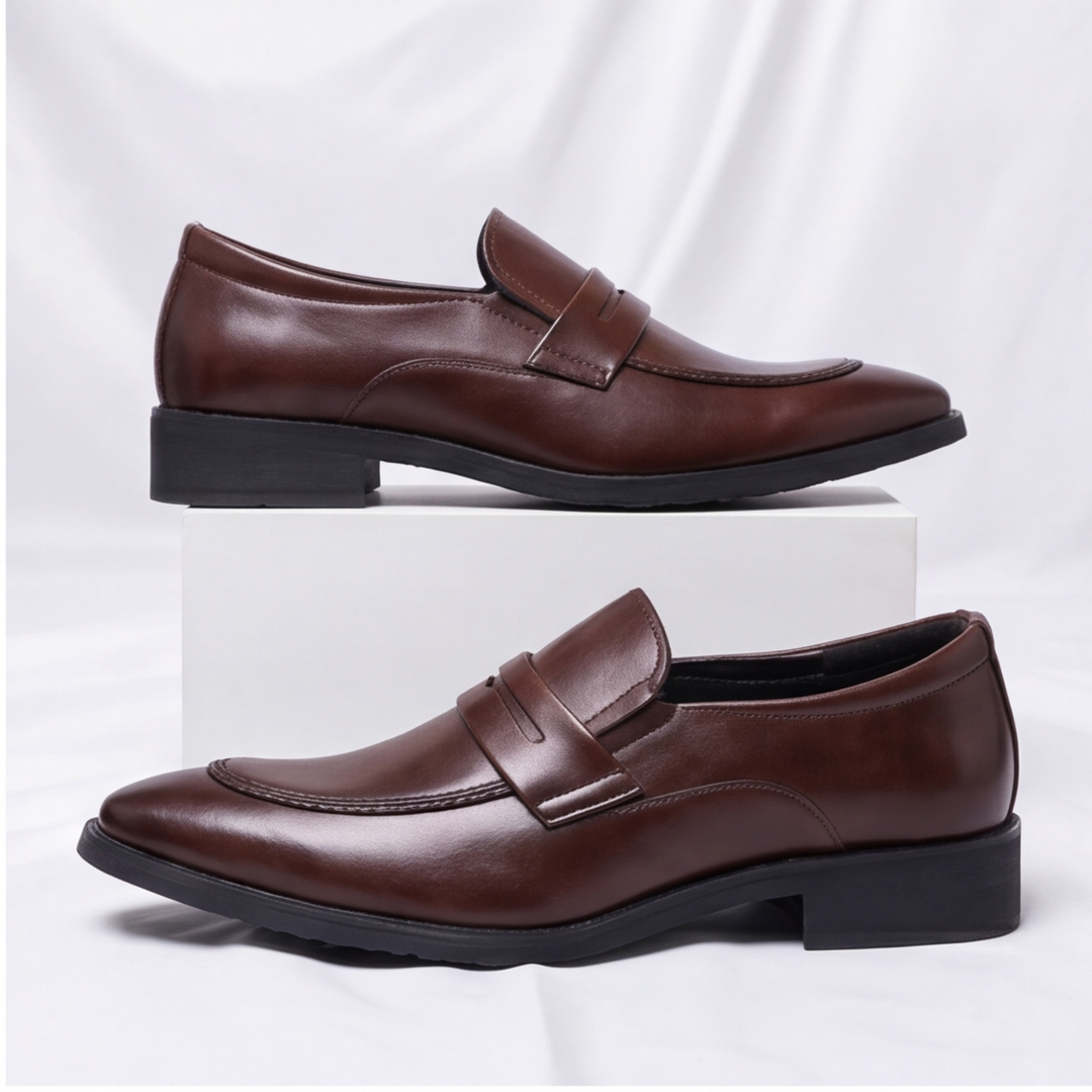 Stylish brown leather penny loafers for men, offering slip-on comfort and versatile everyday wear.