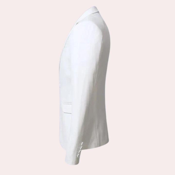 Front view of a sleek black men's slim fit blazer, showcasing its tailored silhouette.