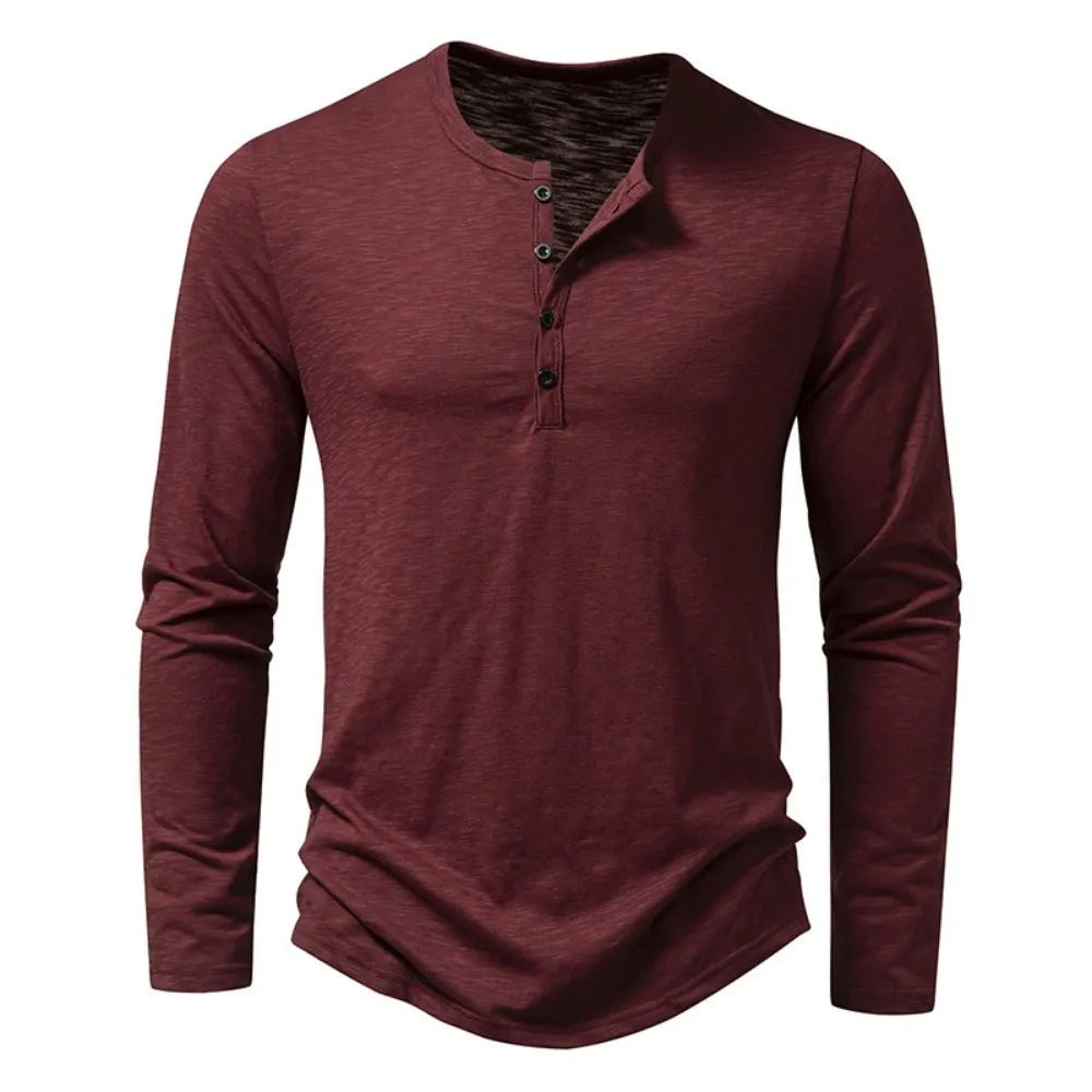 Men's button placket henley shirt, long sleeve and slim fit for effortless everyday style.